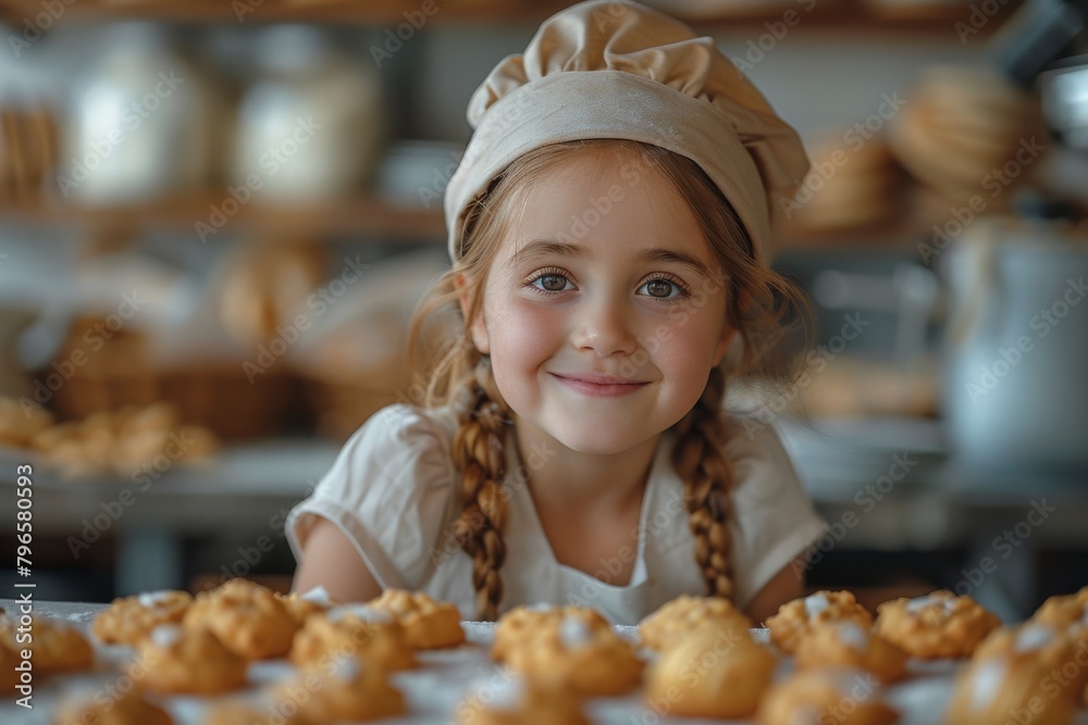 Sweet moment with a cute girl wearing a baker's hat surrounded by an array of golden pastries, sharing a cheerful glance Sweet moment with a cute girl wearing a baker's hat surrounded by an array of golden pastries, sharing a cheerful glance