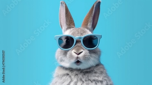 Funny rabbit with sunglasses on blue background. 3d rendering. © KRIS