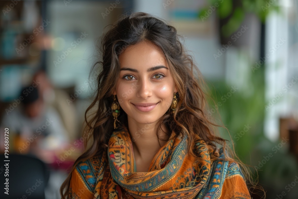 An attractive young woman with a warm, inviting smile wearing ethnic-inspired attire sitting in a café