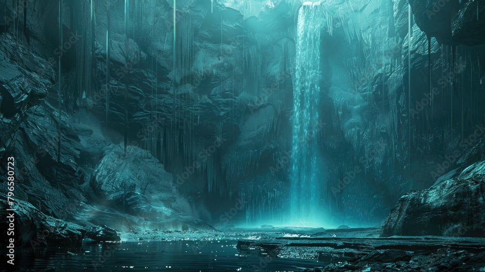 A blue and white cave with a waterfall A blue and white cave with a waterfall