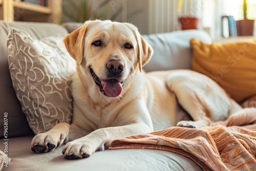 happy labrador dog lying on sofa in modern living room at home