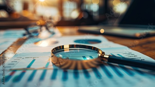 A magnifying glass is on top of a stack of papers with graphs and numbers