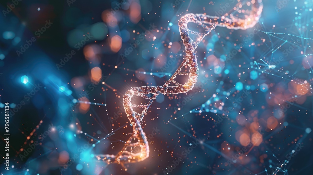 A DNA strand is shown in a blue and orange color scheme A DNA strand is shown in a blue and orange color scheme