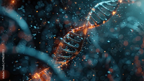 A DNA strand is shown in a blurry, glowing image © rizkan