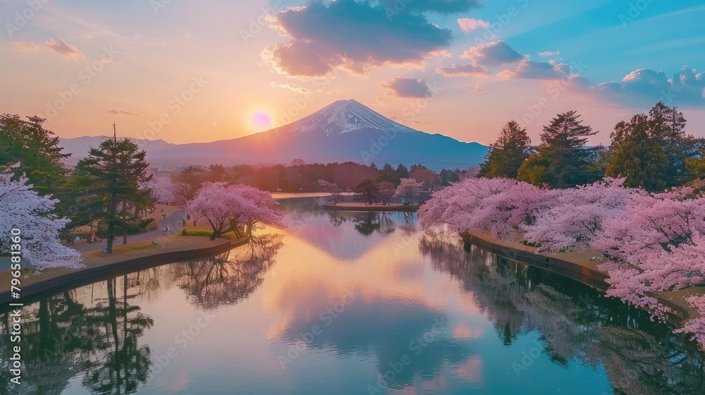 A beautiful river with cherry blossoms and a mountain in the background