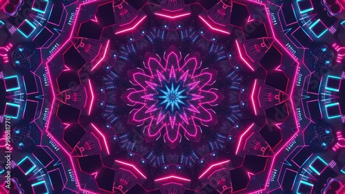 Elegant designs and dynamic motion mesmerize in the seamlessly looping abstract saber neon light kaleidoscope mandala, available in 4k resolution.