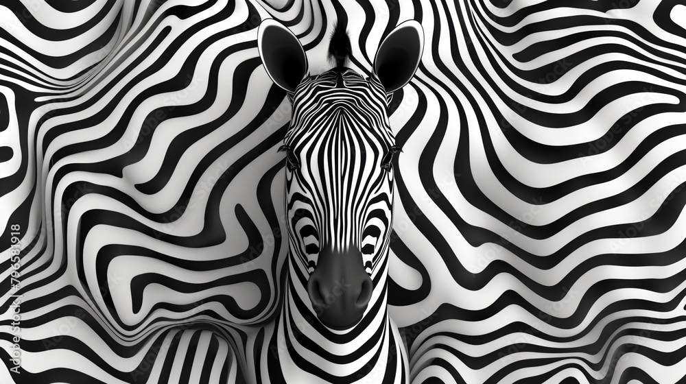 Obraz premium Black and white image of a zebra head blending into a matching striped background.