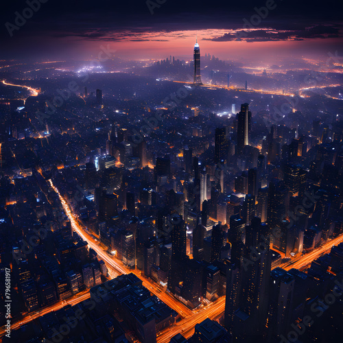 Brightly lit city at night, ai-generatet photo