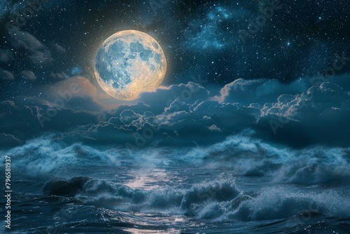 Tranquil full moon rising above the serene sea, beautiful night sky with big blue moon and clouds