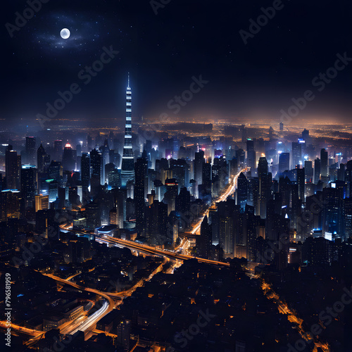 Brightly lit city at night, ai-generatet photo