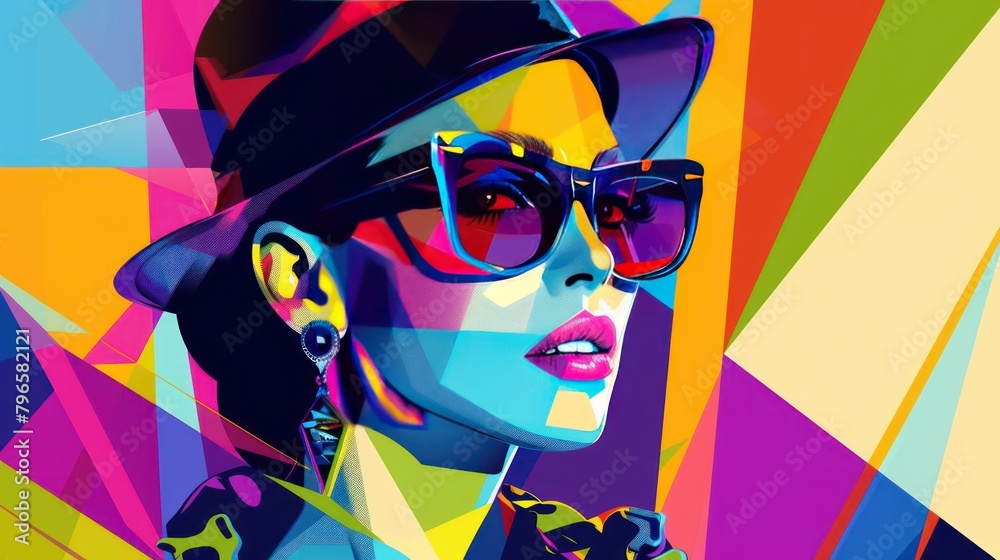 WPAP art style illustration design of a woman's face seen from the side  with glasses and hat. Colorful modern design art.	