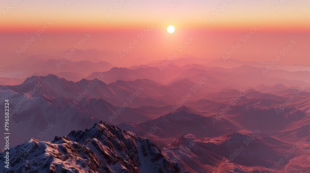 Fototapeta premium A mountain range with a pink sun in the sky
