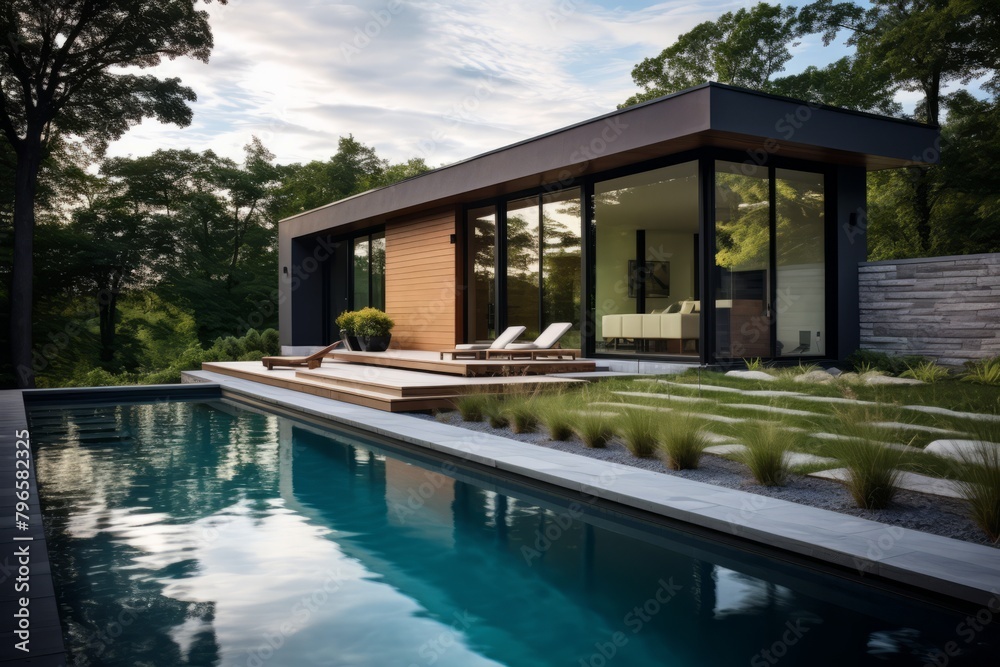 Modern house with a minimalist exterior and a swimming pool in the middle of a forest