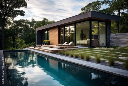 Modern house with a minimalist exterior and a swimming pool in the middle of a forest © Sunny