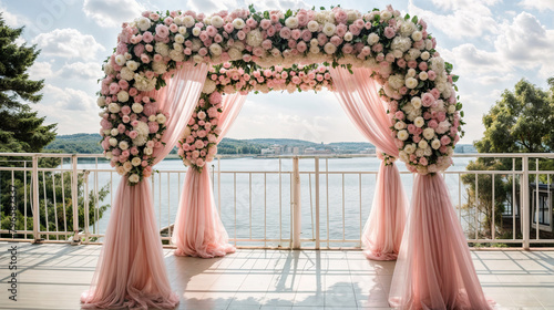 Jewish wedding bride and groom at the chupah with flowers created with Generative AI technology photo