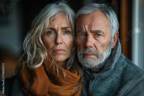 An elderly couple in matching scarves giving a gaze of intense contemplation and concern, with a strong bond evident photo