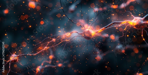 Observation under a digital microscope unveils the full view of human neurons against a black background, characterized by a black and white color palette and prominent bright spots. photo