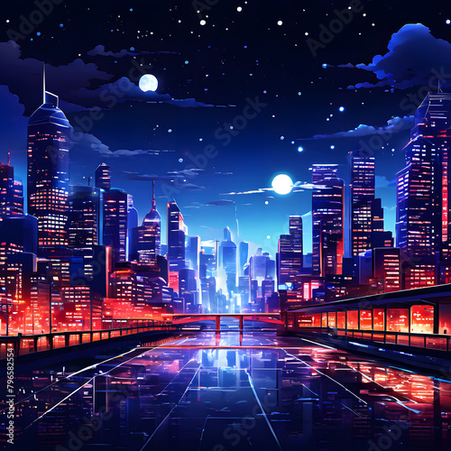 Brightly lit city at night, ai-generatet photo