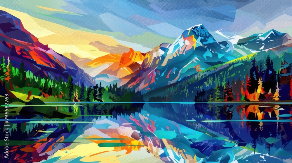 Colorful illustration of outdoor view of rocky and snowy mountains, shadow reflection in calm lake water.