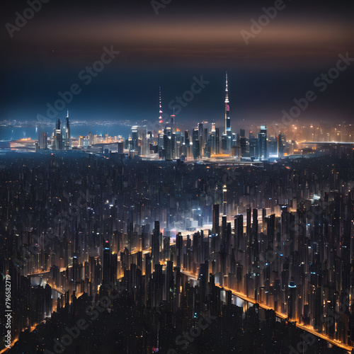 Brightly lit city at night, ai-generatet photo