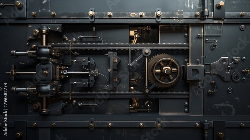 Complex dark metal vault mechanism with various gears, levers, and bolts in a highly detailed setup.