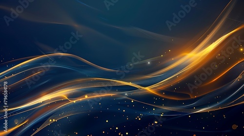 Abstract golden and blue oblique line design with light on dark blue background photo