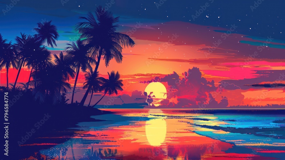 WPAP background design is a beach view at sunset with the silhouette of a coconut tree