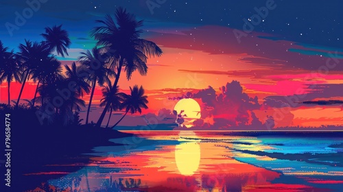 WPAP background design is a beach view at sunset with the silhouette of a coconut tree