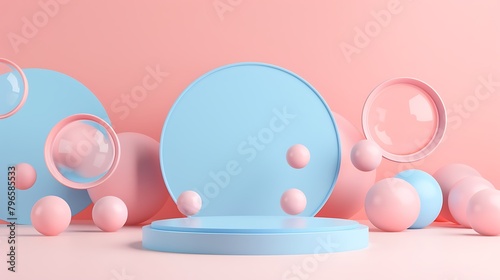 Blue stage podium surrouned with spheres and rubber rings on pastel pink background photo