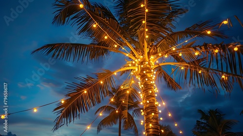 Coconut tree decorated with LED light bulbs shot after sunset aginst dark blue sky