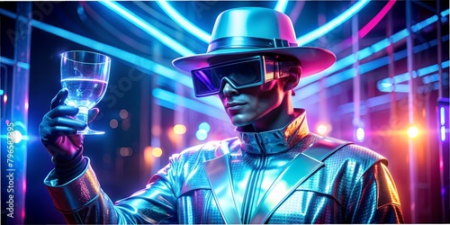 A man stands from the future, computer technology, artificial intelligence, internet robots neon, clothes of the future, glasses of the future, portal, jump photo