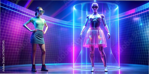 A woman stands near a mannequin from the future, computer technology, artificial intelligence, internet robots neon, clothes of the future