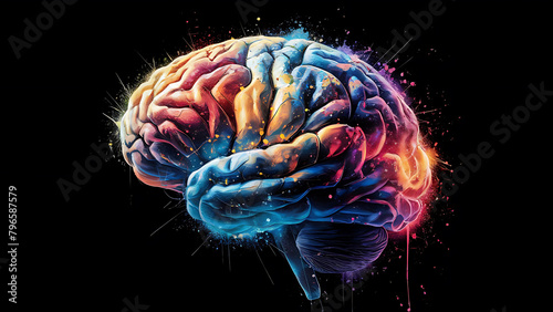 human brain anatomy, colorful human brain on black background, AI Generative photo