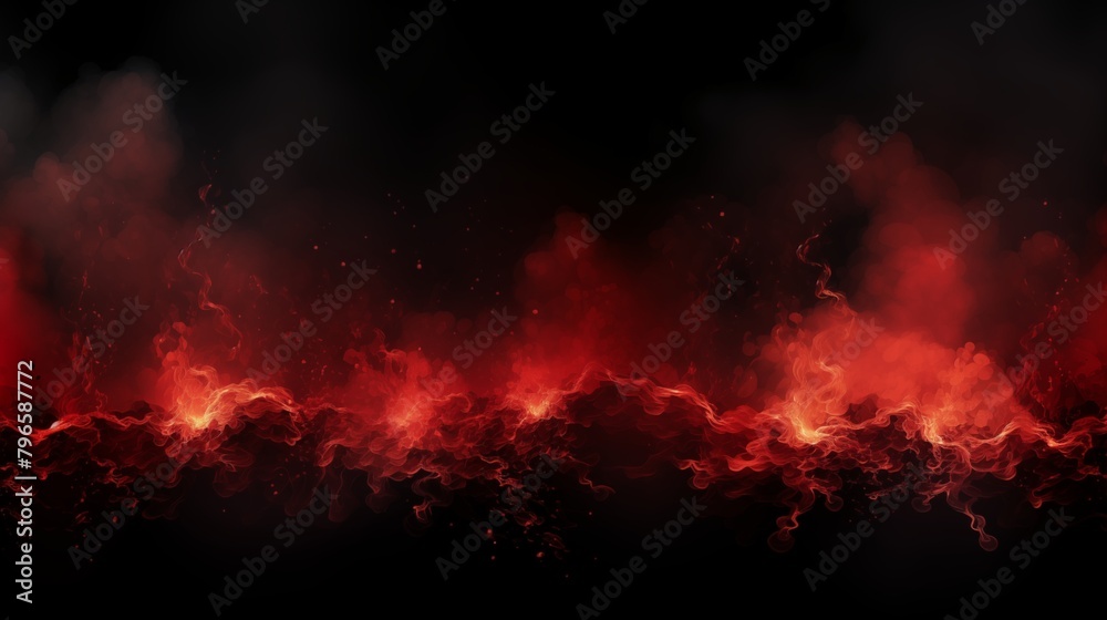 Background with fire sparks, embers and smoke. Overlay effect of burn coal, grill, hell or bonfire with flame glow, flying red sparkles and fog on black background, vector realistic border, poster.
