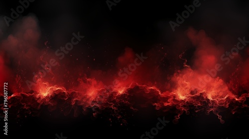Background with fire sparks, embers and smoke. Overlay effect of burn coal, grill, hell or bonfire with flame glow, flying red sparkles and fog on black background, vector realistic border, poster. © hamad