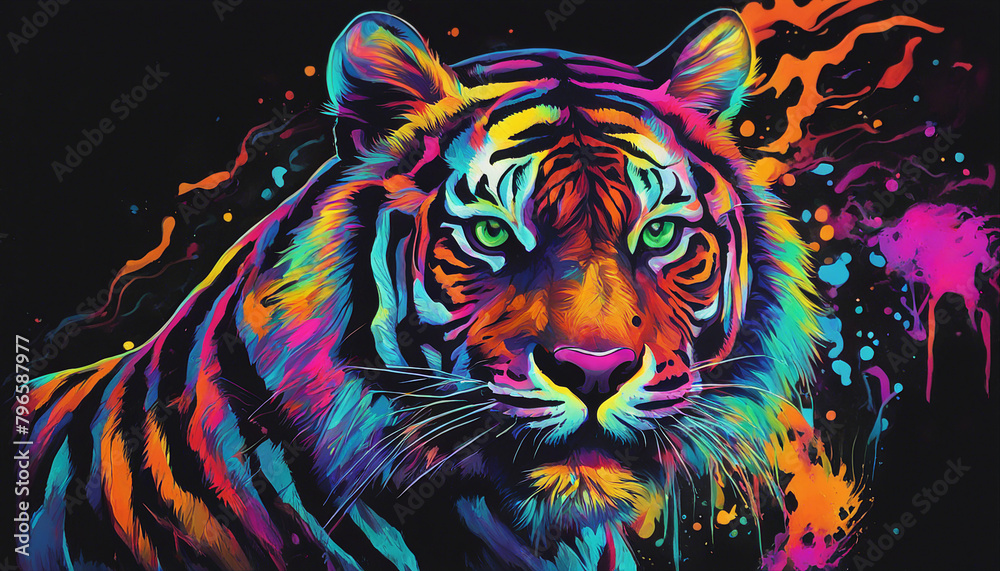 Colorful psychedelic neon painting of a tiger, black background wallpaper
