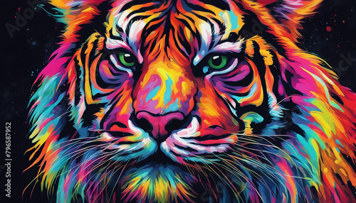 Colorful psychedelic neon painting of a tiger  black background wallpaper