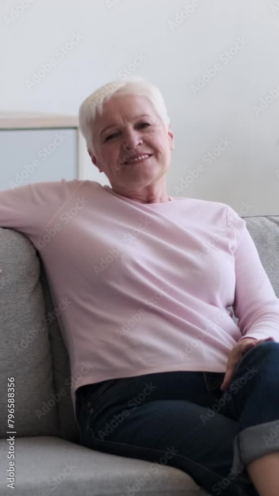 Portrait of a happy and friendly Caucasian elderly woman resting on sofa at home. Positive senior and retired people concept. Vertical video. Portrait of a happy and friendly Caucasian elderly woman resting on sofa at home. Positive senior and retired people concept. Vertical video.