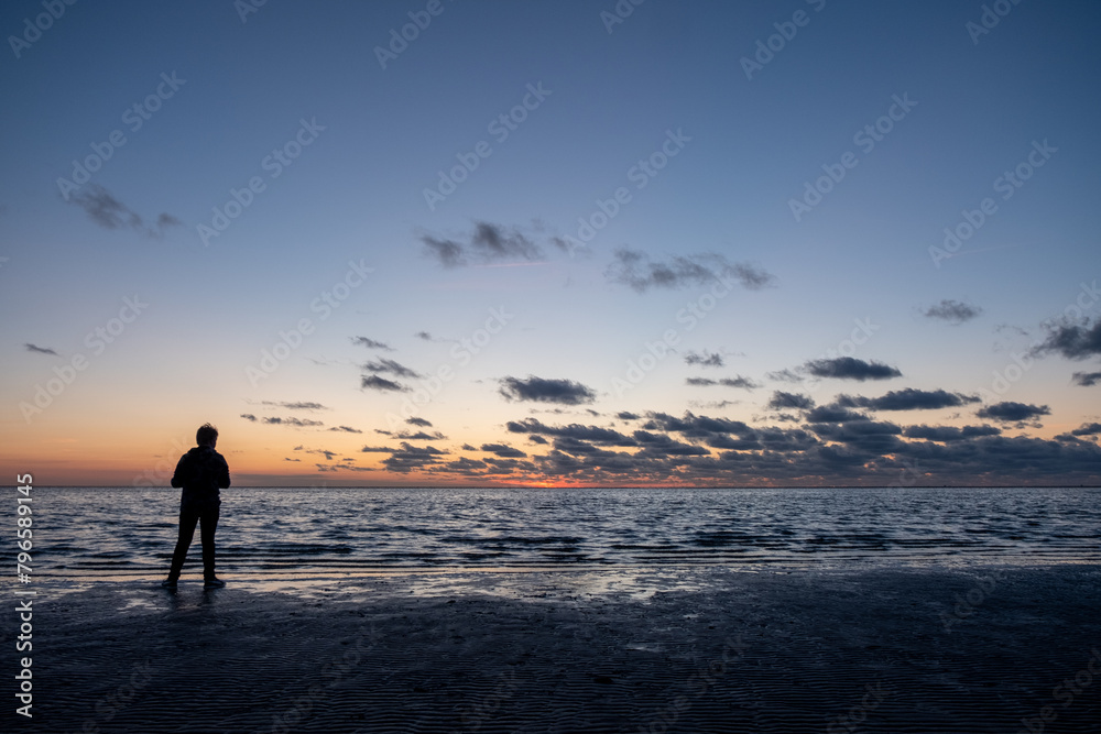 A solitary silhouette stands on the expansive seashore, gazing at the sunset where the sky meets the ocean. The horizon is painted with warm hues fading into the cool blues of twilight, while