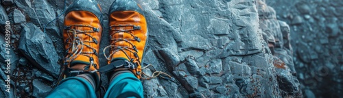 A chalk bag and climbing shoes set against a rock face, minimalistic, representing rock climbing, space for text