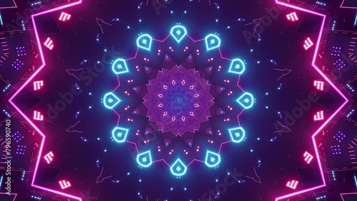 Vibrant colors and intricate patterns dance in the seamlessly looping abstract saber neon light kaleidoscope mandala, crafted in 4k. photo