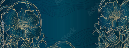 Elegant prestigious Art Deco background template with flowers. The design luxury is made for Art Deco motif with blue and gold colors.