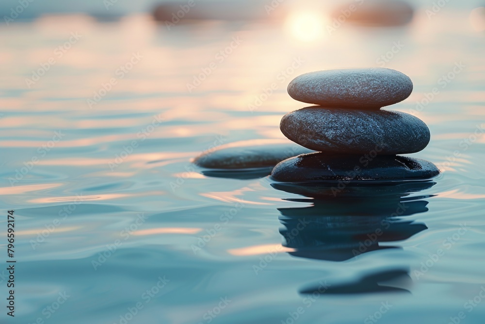 Close-up of smooth, warm massage stones stacked on a serene, light background, symbolizing warmth and relaxation, text space Close-up of smooth, warm massage stones stacked on a serene, light background, symbolizing warmth and relaxation, text space