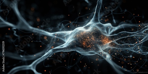 Sharp, detailed image showcasing a solitary neuron isolated on a black background, with vibrant color highlights emphasizing its intricate internal structures. photo