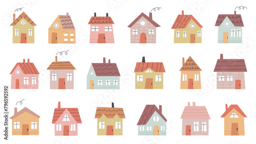 Various small tiny houses. Cartoon small  houses, minimalism city buildings. Vector illustration