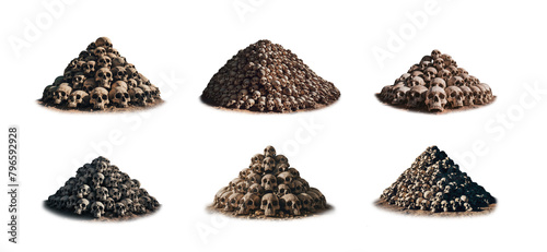 Mega set of piles of human skulls stacked. Isolated transparent PNG background. archaeology site cemetery, burial ground, gravesite, graveyard. Pile of human skeletons. Famine and drought. Horror