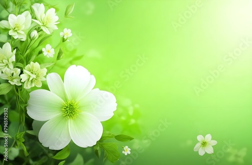 A vibrant light green background with white flowers
