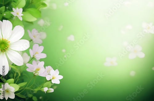 A vibrant light green background with white flowers