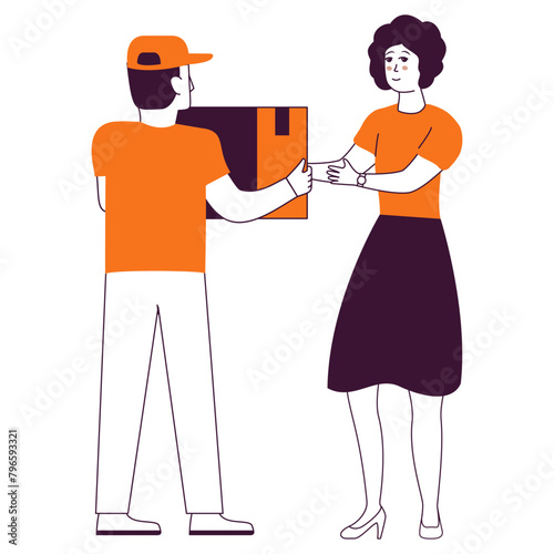 Delivery parcel.Courier delivered parcel girl.Shipping and delivery package service.Woman receiving parcel.Delivery man bring order box to woman.Hand drawn style.