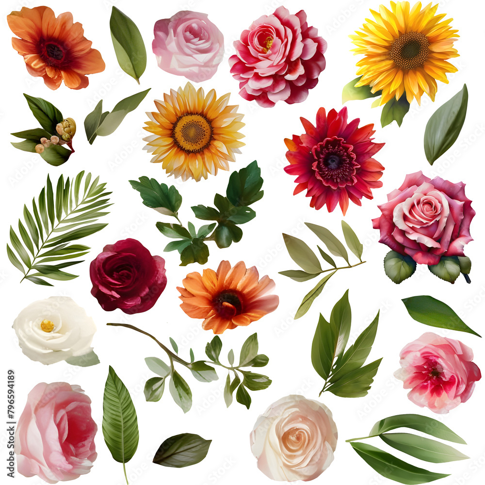 Watercolor floral clipart set and leaves